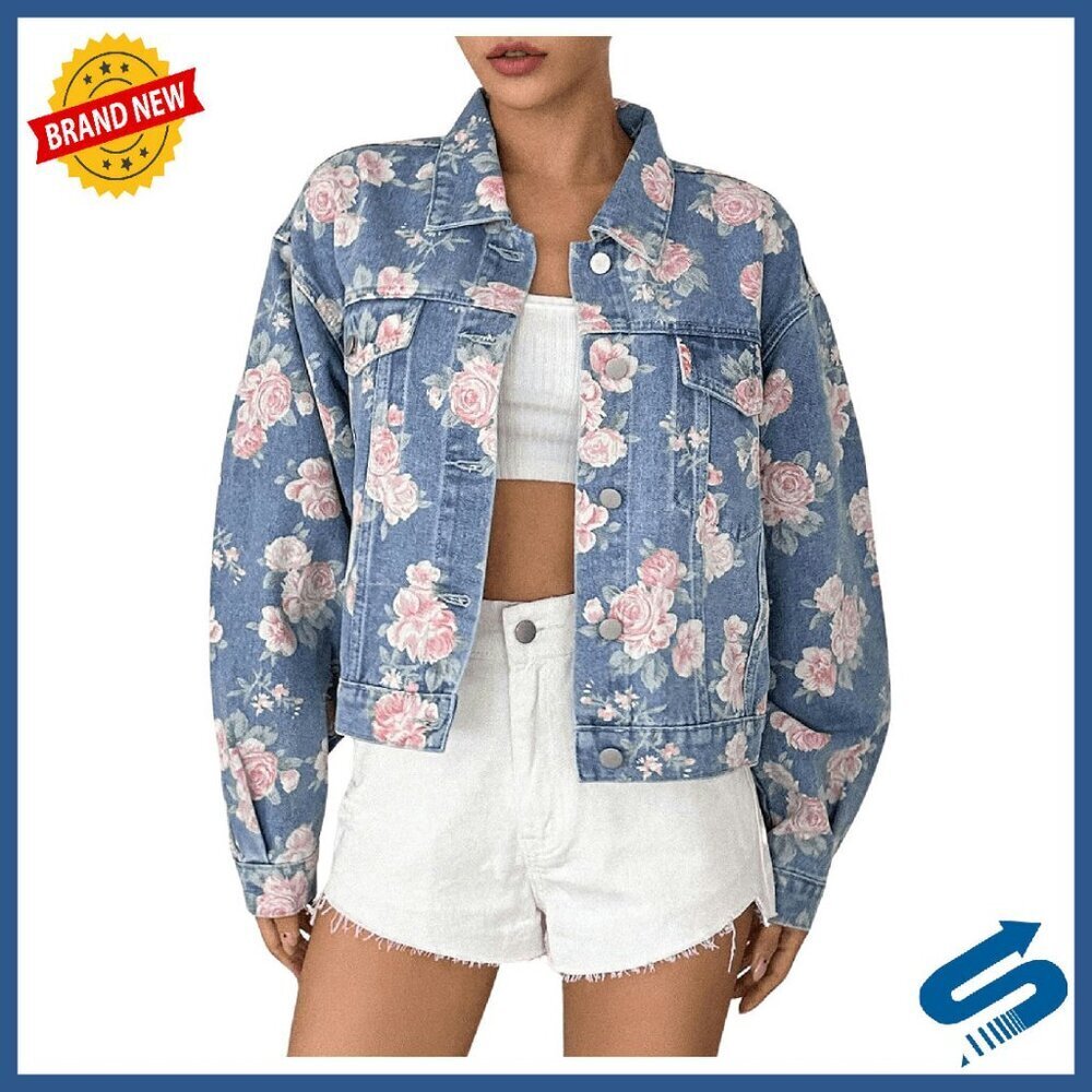 Women's Denim Jacket Floral Print Button Down Long Sleeve Cowgirl Chic